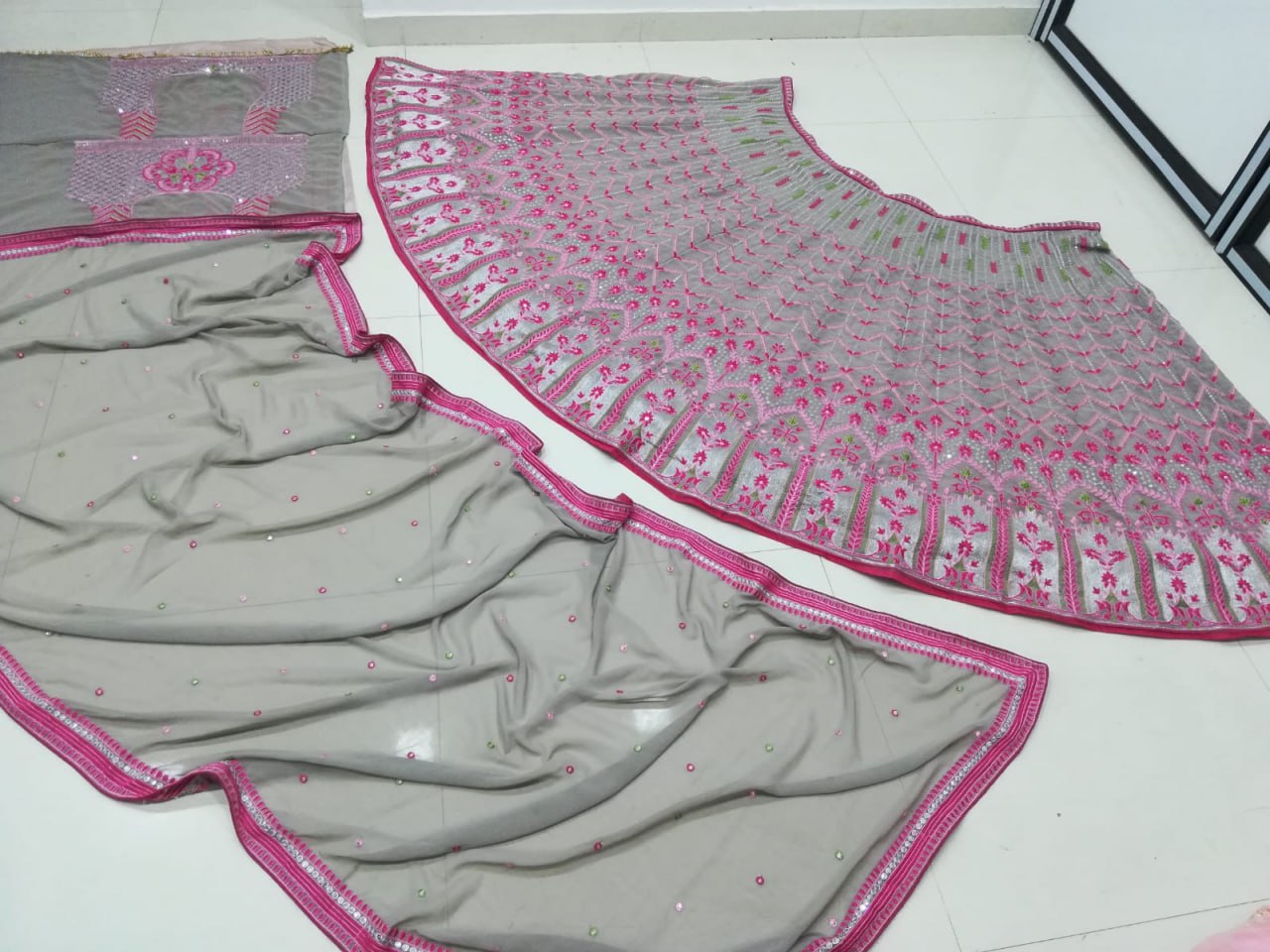 DESIGNER MULTI-COLOR FAUX GEORGETTE LEHENGA SET WITH 3MM SEQUINS, THREAD & JARI EMBROIDERY