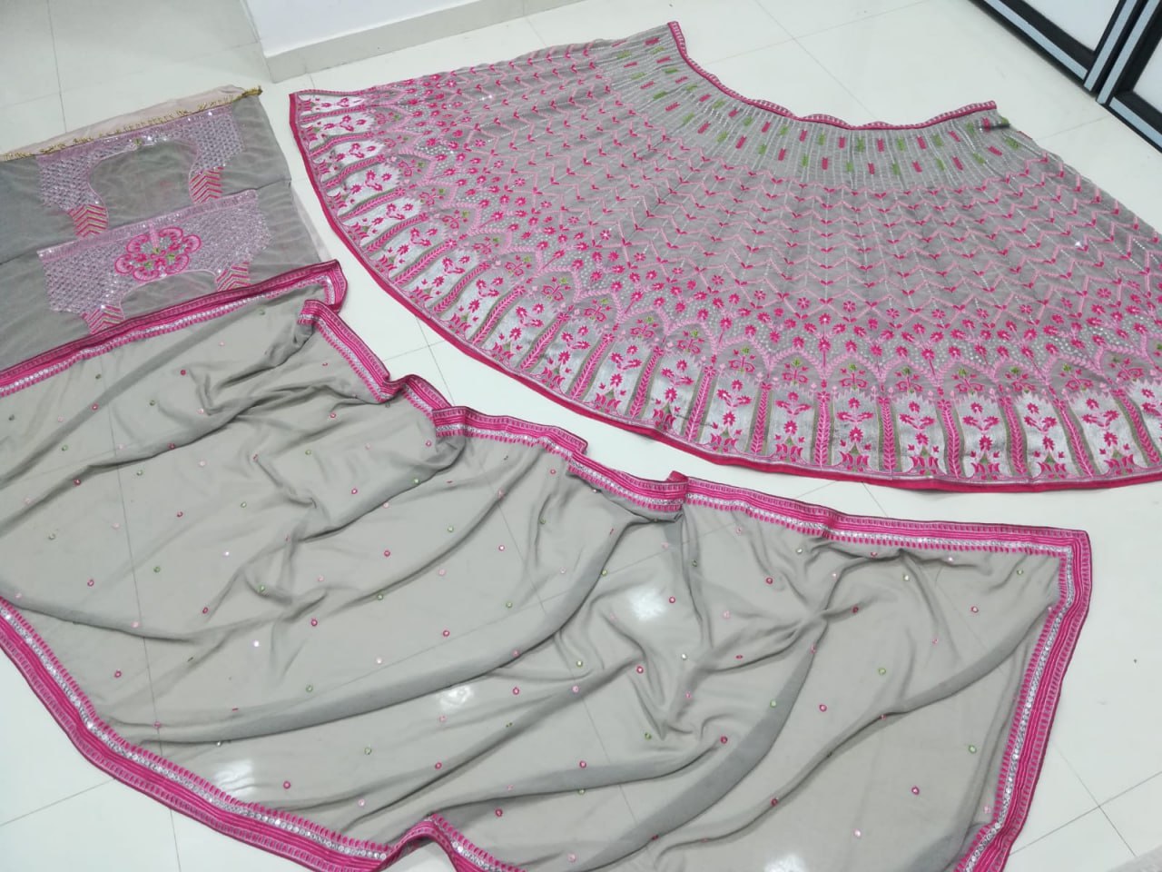 DESIGNER MULTI-COLOR FAUX GEORGETTE LEHENGA SET WITH 3MM SEQUINS, THREAD & JARI EMBROIDERY