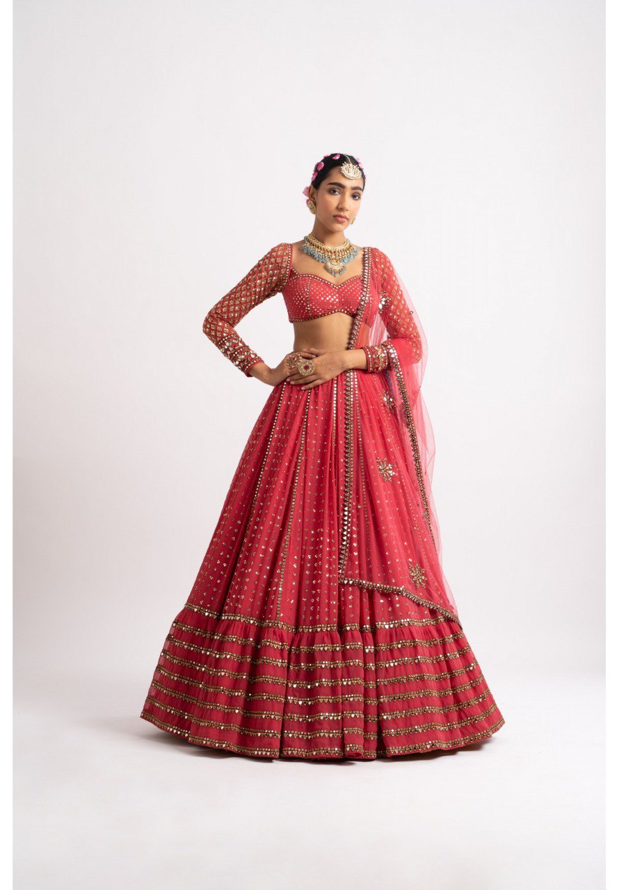 DESIGNER FAUX GEORGETTE BOTTLE GREEN LEHENGA CHOLI SET WITH MULTI-SIZE SEQUINS & JARI EMBROIDERY