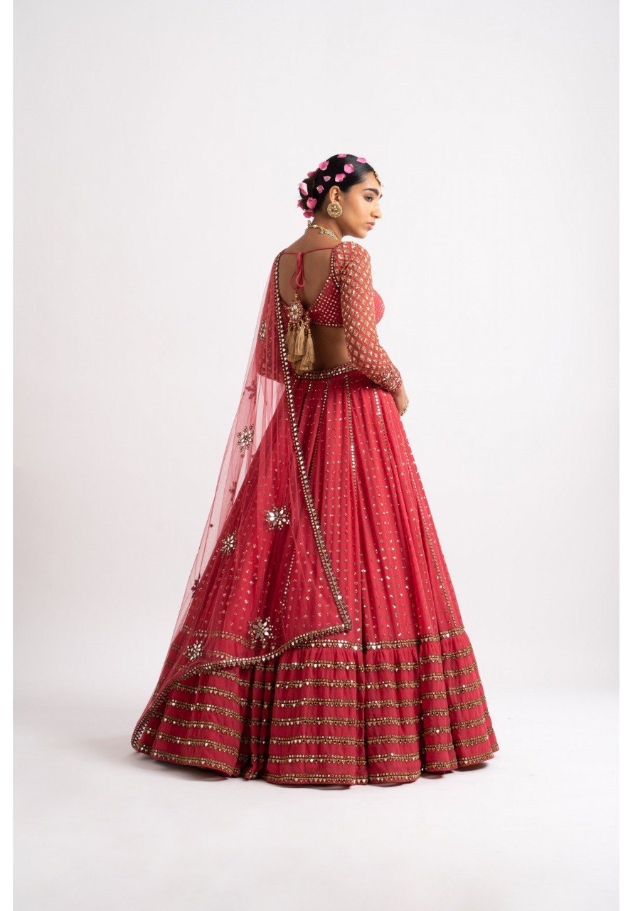DESIGNER FAUX GEORGETTE BOTTLE GREEN LEHENGA CHOLI SET WITH MULTI-SIZE SEQUINS & JARI EMBROIDERY
