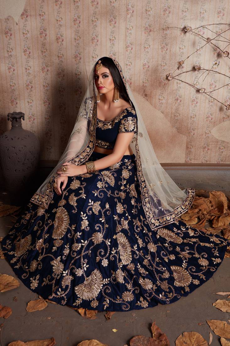 LUXURIOUS SEMI VELVET SILK LEHENGA CHOLI SET WITH SEQUINS, JARI & DORI EMBROIDERY
