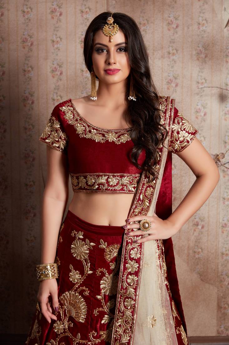 LUXURIOUS SEMI VELVET SILK LEHENGA CHOLI SET WITH SEQUINS, JARI & DORI EMBROIDERY