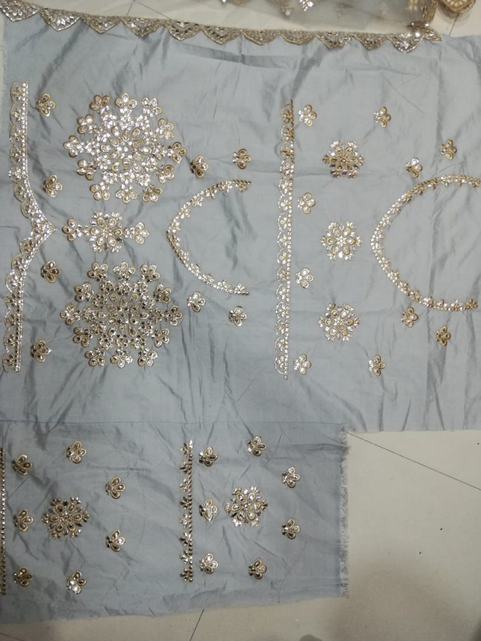 ELEGANT GRAY NET LEHENGA CHOLI SET WITH PAPER MIRROR EMBROIDERY WORK