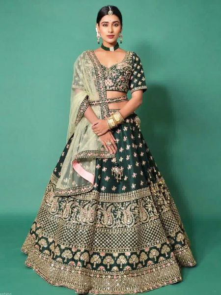 DESIGNER DIAMOND SATIN SILK LEHENGA CHOLI SET WITH BUTTERFLY NET DUPATTA