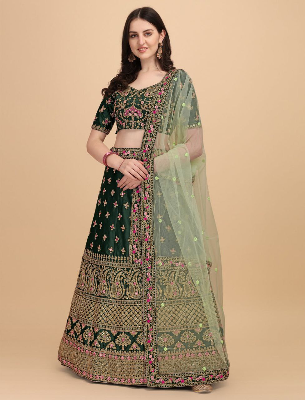 DESIGNER DIAMOND SATIN SILK LEHENGA CHOLI SET WITH BUTTERFLY NET DUPATTA