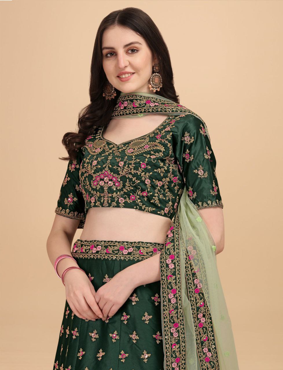 DESIGNER DIAMOND SATIN SILK LEHENGA CHOLI SET WITH BUTTERFLY NET DUPATTA