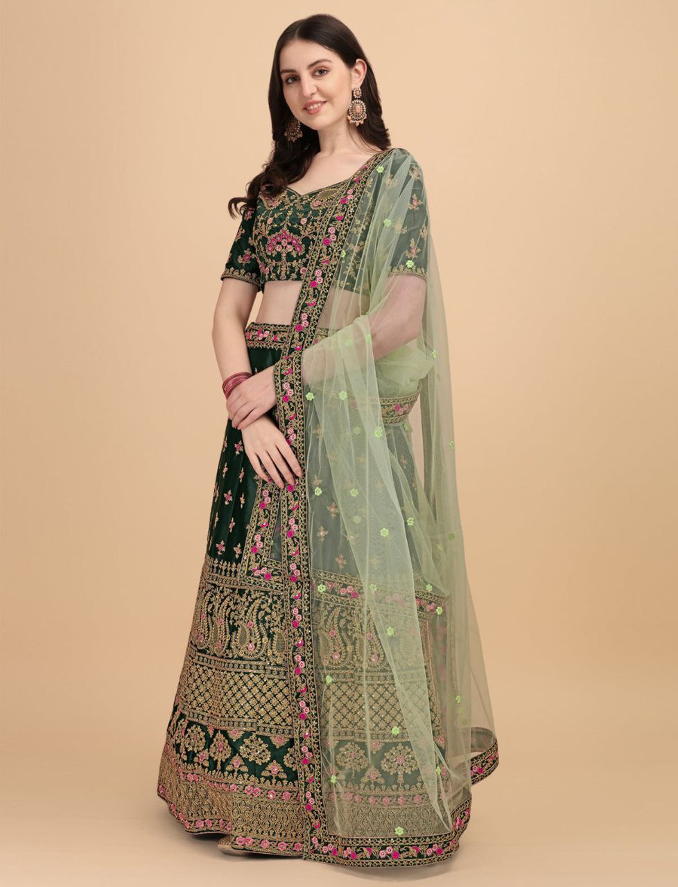 DESIGNER DIAMOND SATIN SILK LEHENGA CHOLI SET WITH BUTTERFLY NET DUPATTA
