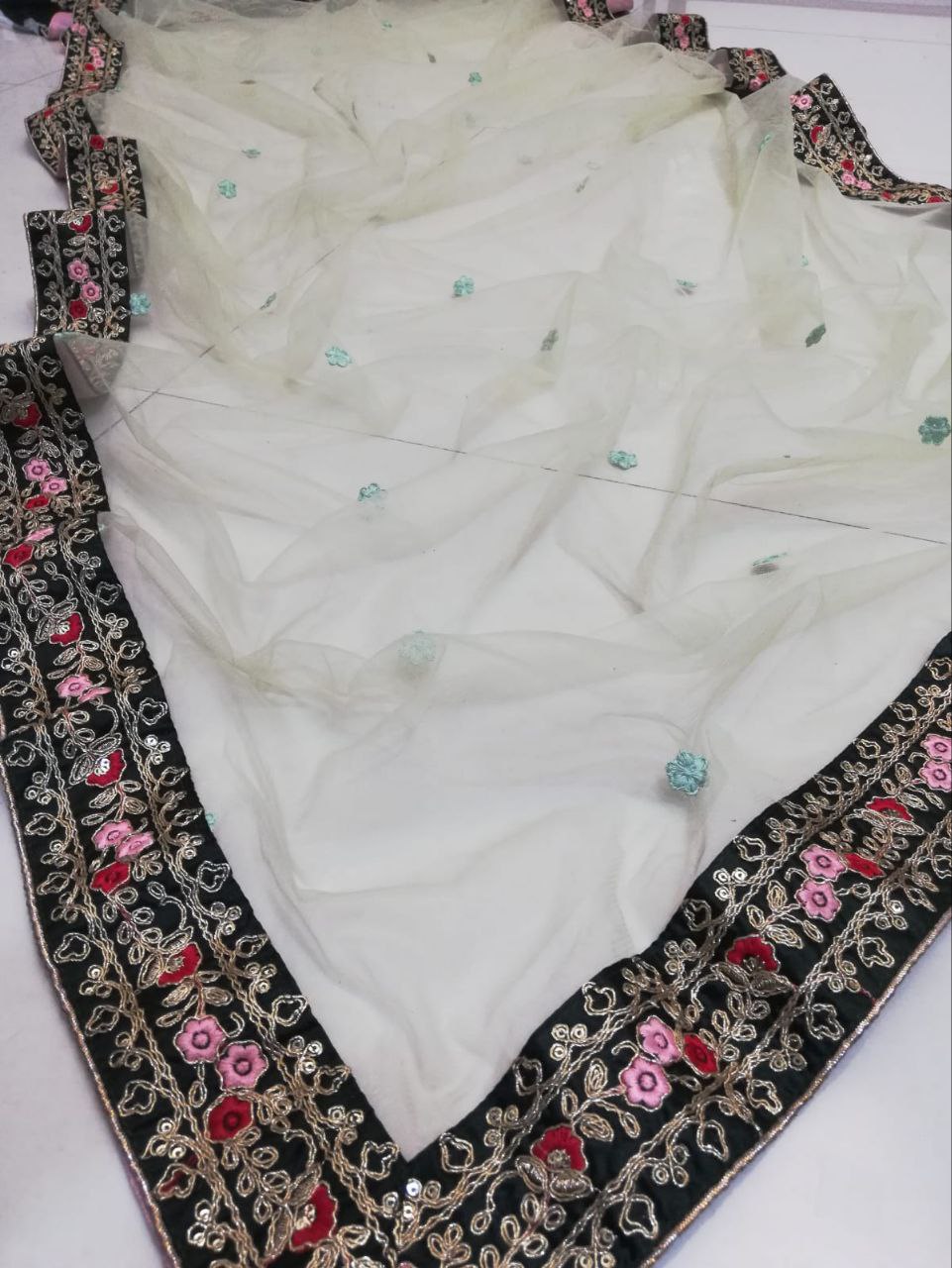 DESIGNER DIAMOND SATIN SILK LEHENGA CHOLI SET WITH BUTTERFLY NET DUPATTA