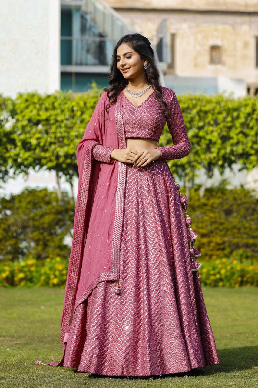 DESIGNER FAUX GEORGETTE LEHENGA CHOLI SET WITH 9MM SEQUINS & THREAD EMBROIDERY