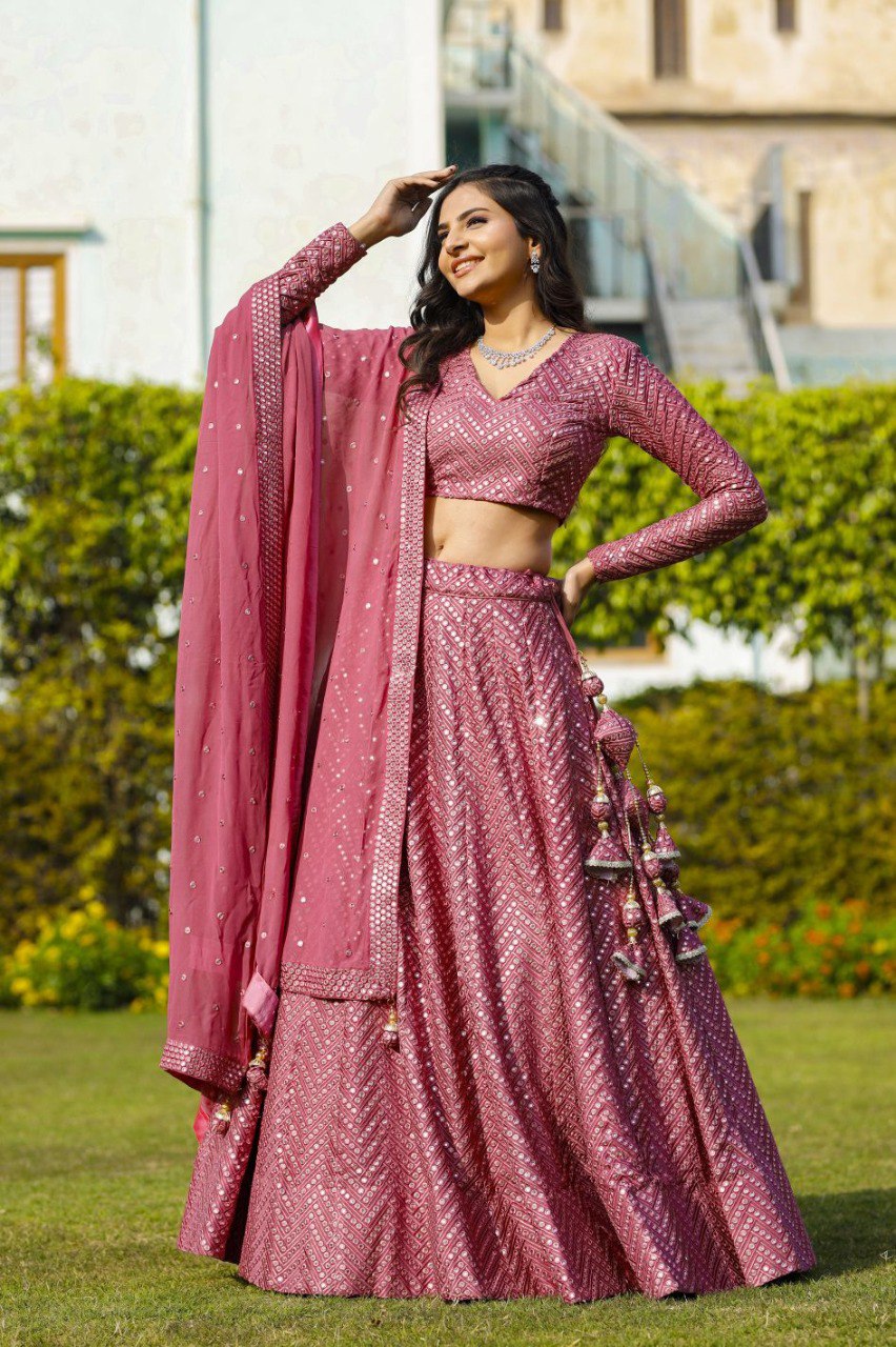 DESIGNER FAUX GEORGETTE LEHENGA CHOLI SET WITH 9MM SEQUINS & THREAD EMBROIDERY
