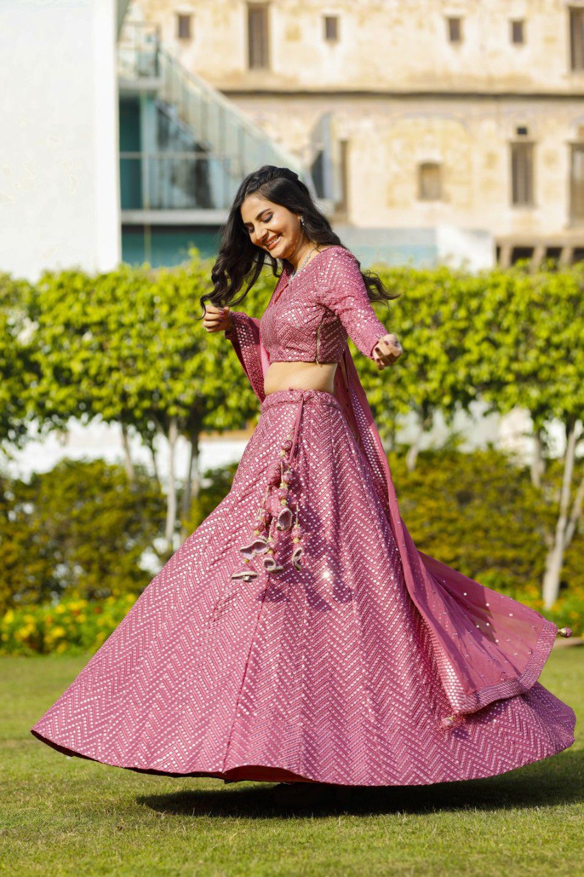 DESIGNER FAUX GEORGETTE LEHENGA CHOLI SET WITH 9MM SEQUINS & THREAD EMBROIDERY