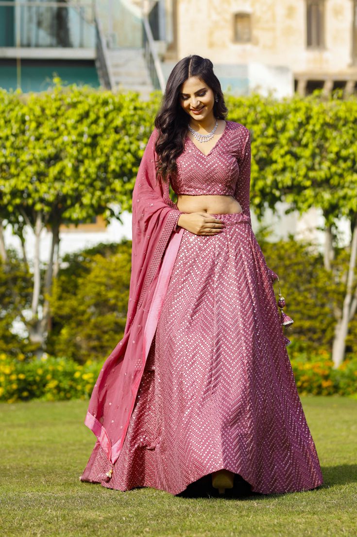 DESIGNER FAUX GEORGETTE LEHENGA CHOLI SET WITH 9MM SEQUINS & THREAD EMBROIDERY