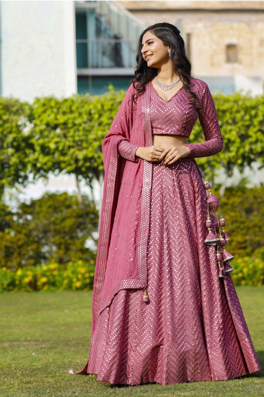DESIGNER FAUX GEORGETTE LEHENGA CHOLI SET WITH 9MM SEQUINS & THREAD EMBROIDERY