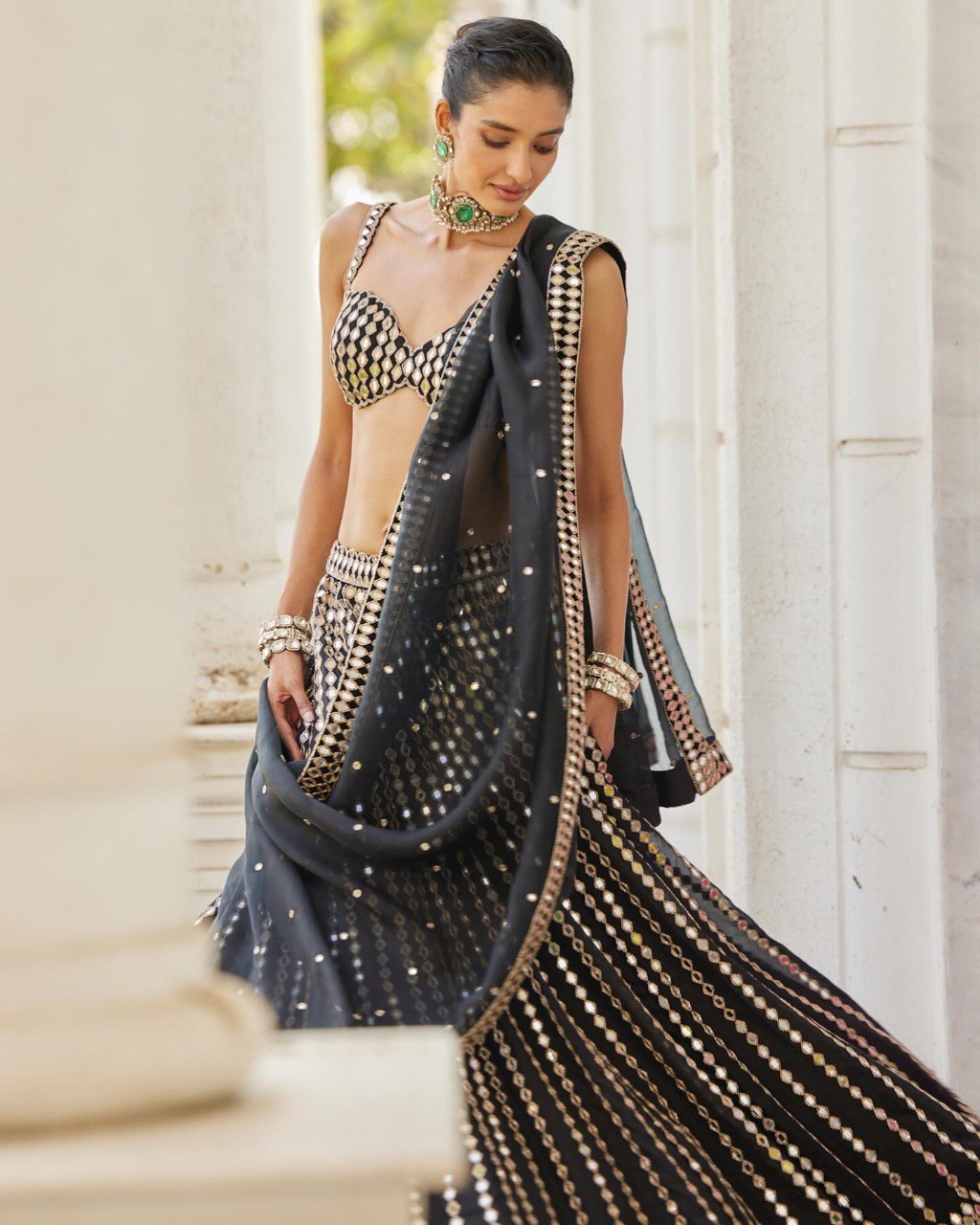 DESIGNER ORGANZA SILK LEHENGA CHOLI SET WITH ZARI & PAPER MIRROR EMBROIDERY
