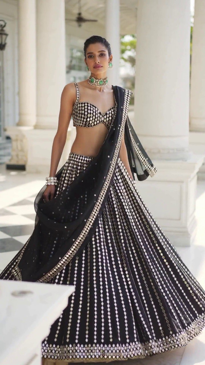 DESIGNER ORGANZA SILK LEHENGA CHOLI SET WITH ZARI & PAPER MIRROR EMBROIDERY