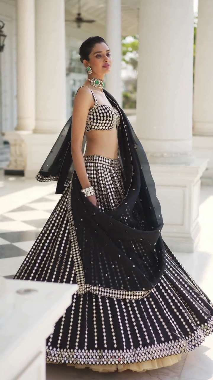 DESIGNER ORGANZA SILK LEHENGA CHOLI SET WITH ZARI & PAPER MIRROR EMBROIDERY