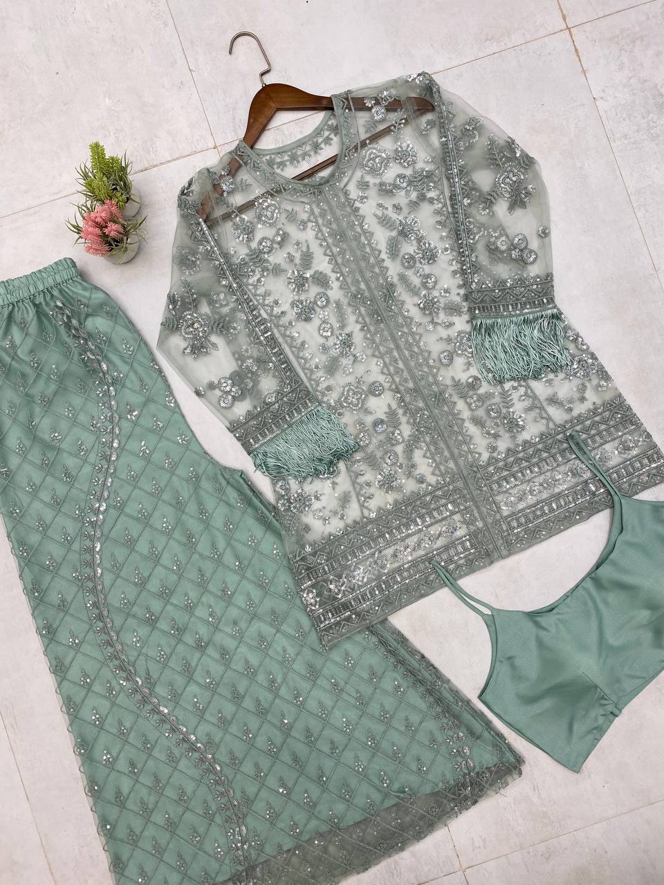NEW TRENDING TOP AND PLAZZO SET IN BUTTERFLY SEQUENCE EMBROIDERY WORK WITH BLOUSE