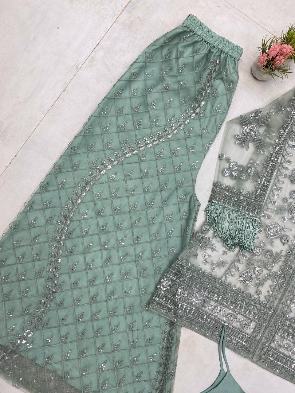NEW TRENDING TOP AND PLAZZO SET IN BUTTERFLY SEQUENCE EMBROIDERY WORK WITH BLOUSE