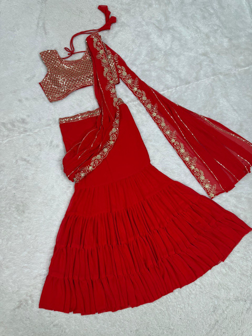 READY TO WEAR RUFFLE LEHENGA SAREE WITH DESIGNER CHOLI