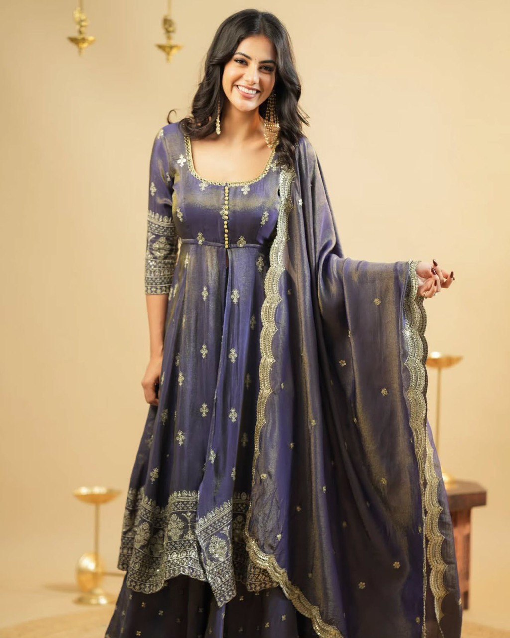 DESIGNER SUIT WITH LEHENGHA & DUPATTA IN SHIMMER SILK