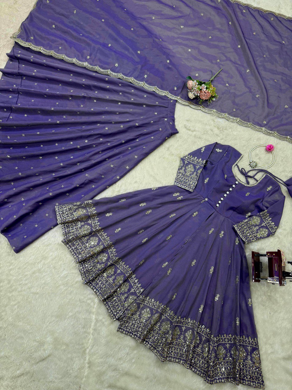 DESIGNER SUIT WITH LEHENGHA & DUPATTA IN SHIMMER SILK