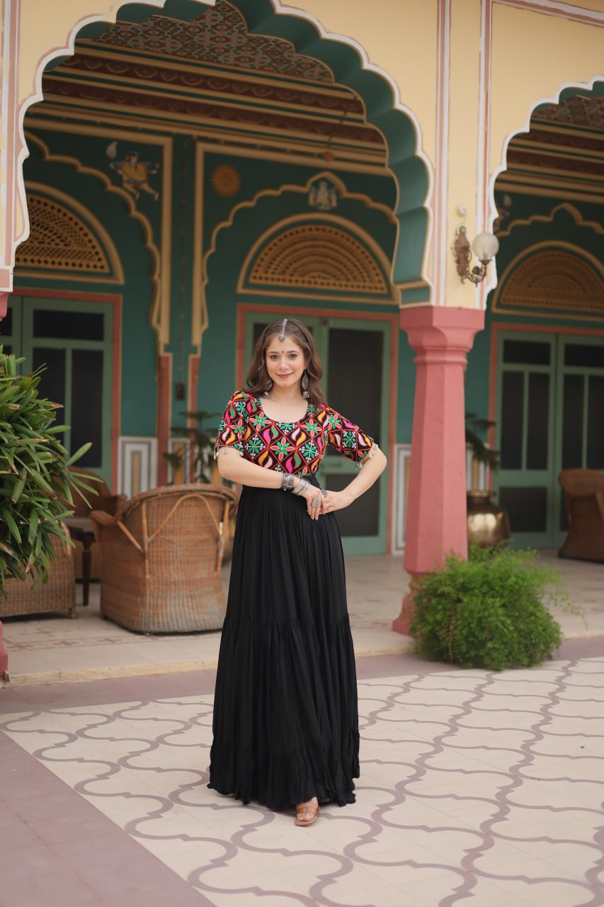 DESIGNER GOWN IN RICH RAYON WITH KUTCHI GAMTHI KODI WORK