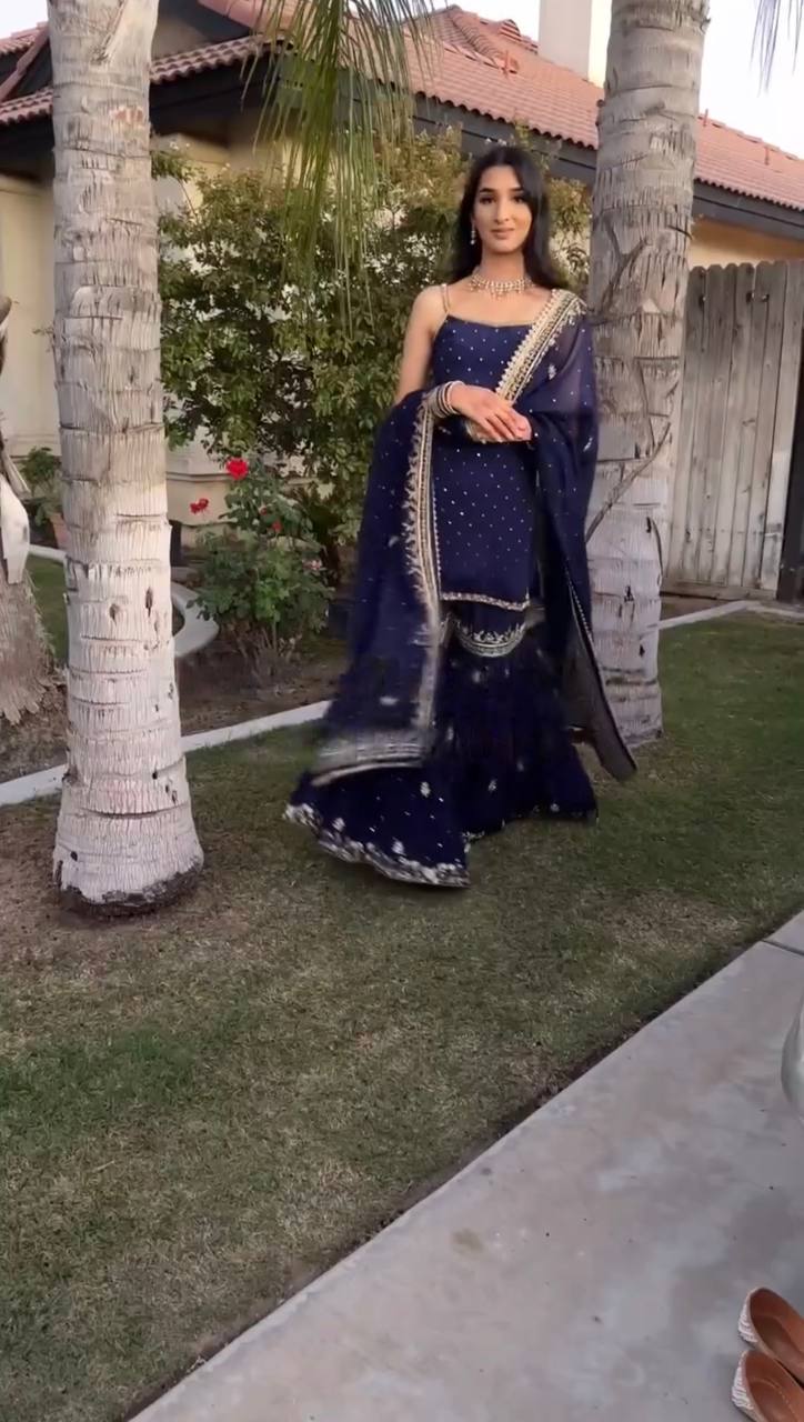 DESIGNER FOUX GEORGETTE SHARARA SET WITH SEQUENCE WORK