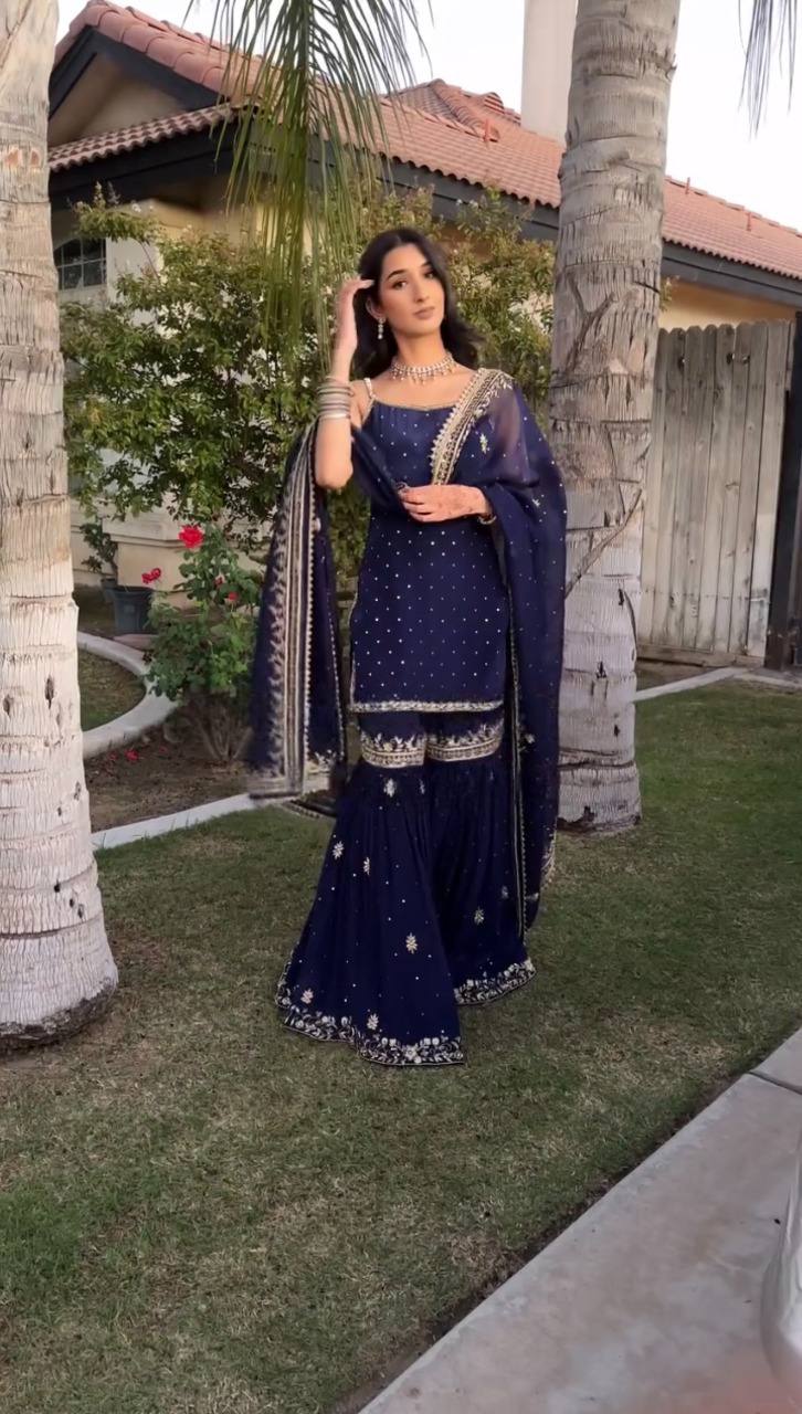 DESIGNER FOUX GEORGETTE SHARARA SET WITH SEQUENCE WORK