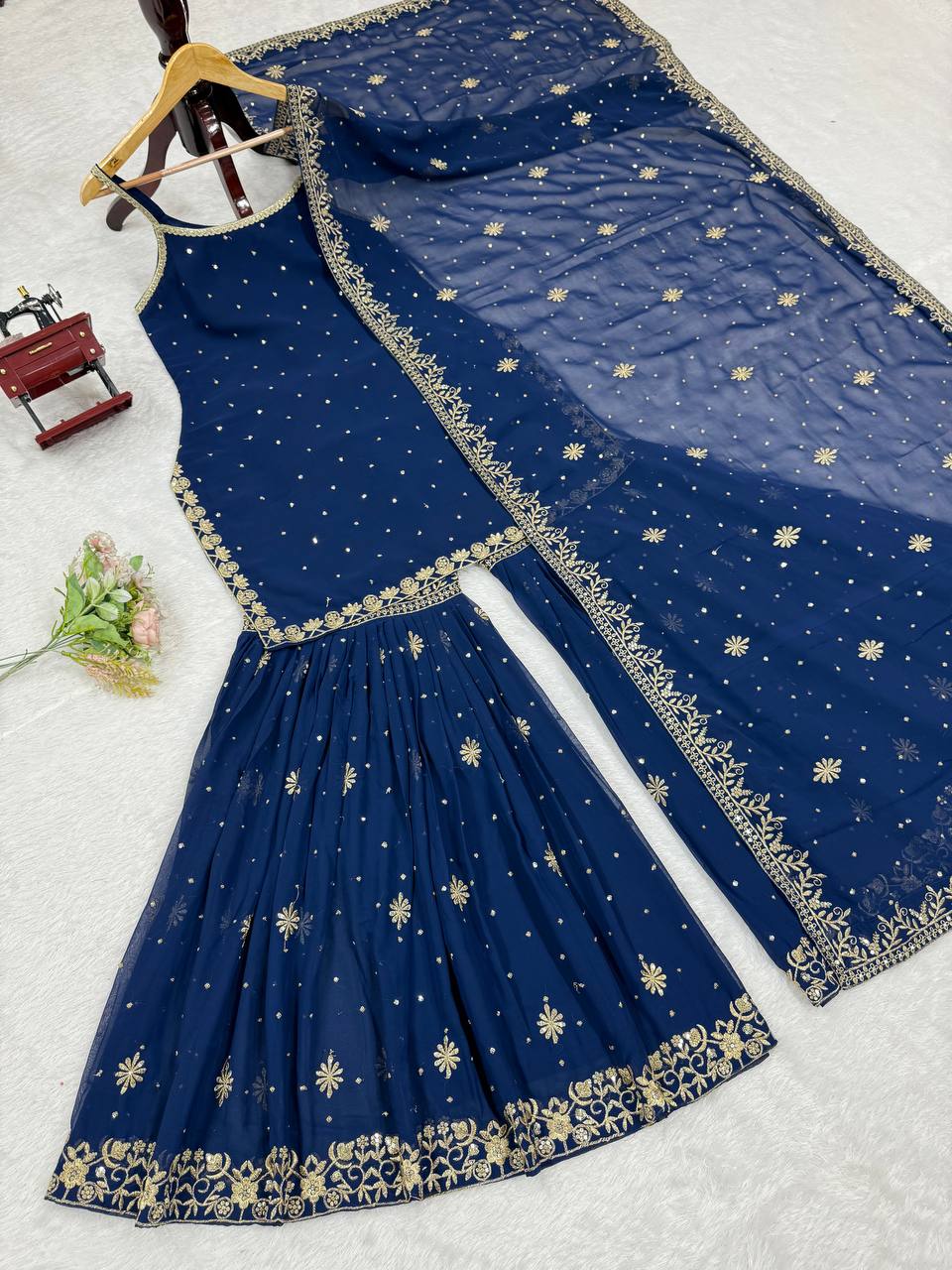 DESIGNER FOUX GEORGETTE SHARARA SET WITH SEQUENCE WORK