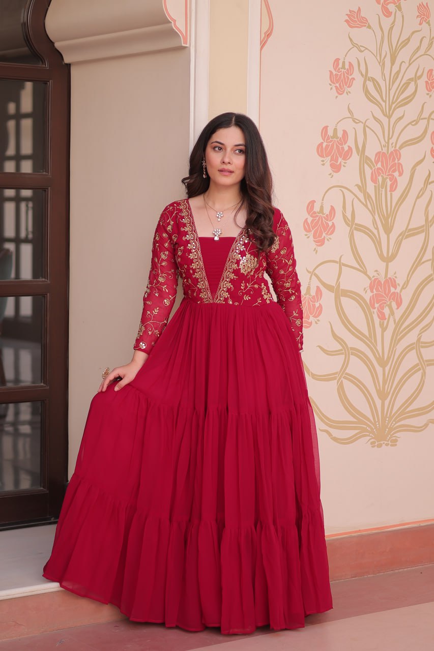 DESIGNER FAUX BLOOMING GOWN WITH SEQUINS & ZARI EMBROIDERY