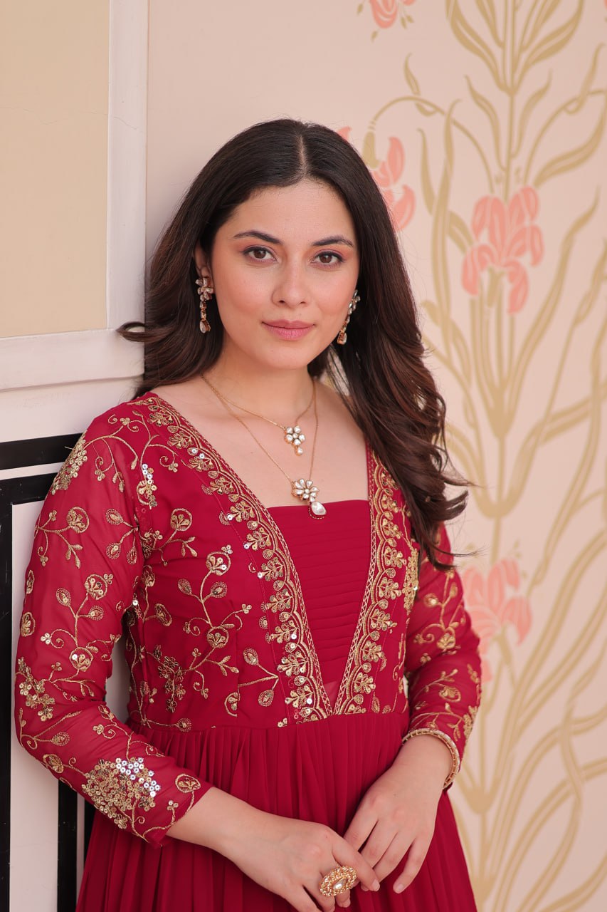 DESIGNER FAUX BLOOMING GOWN WITH SEQUINS & ZARI EMBROIDERY