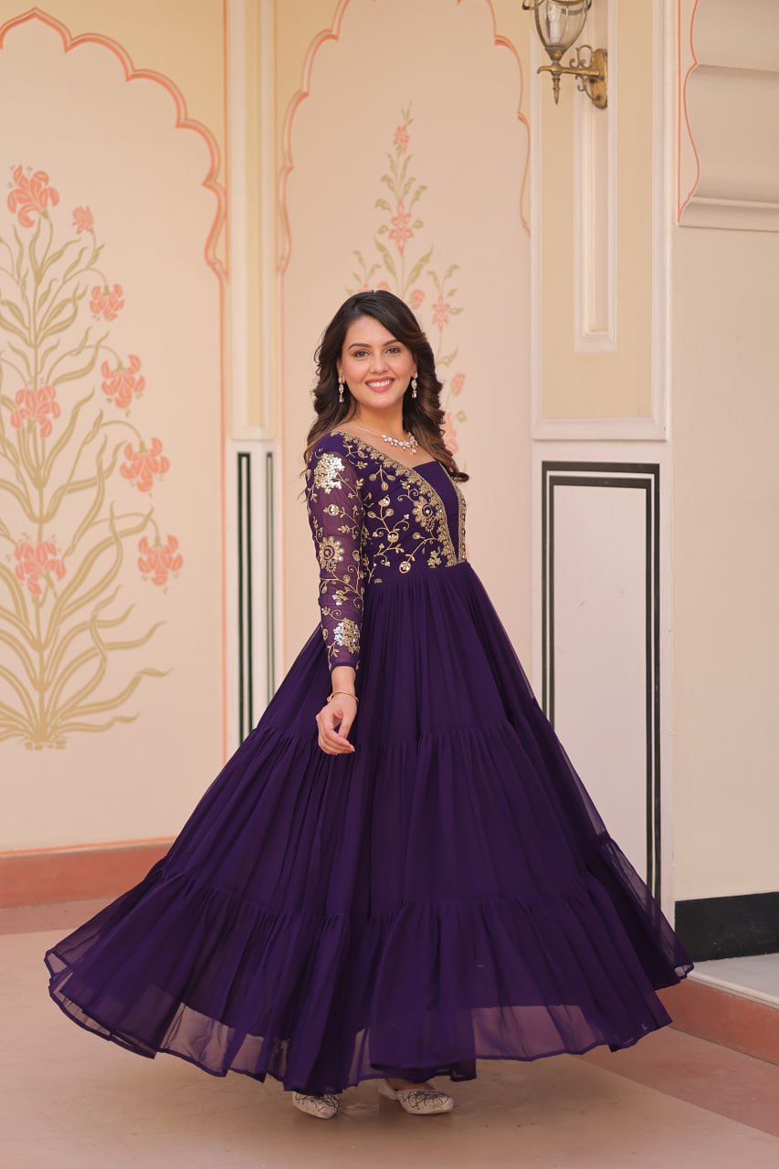 DESIGNER FAUX BLOOMING GOWN WITH SEQUINS & ZARI EMBROIDERY