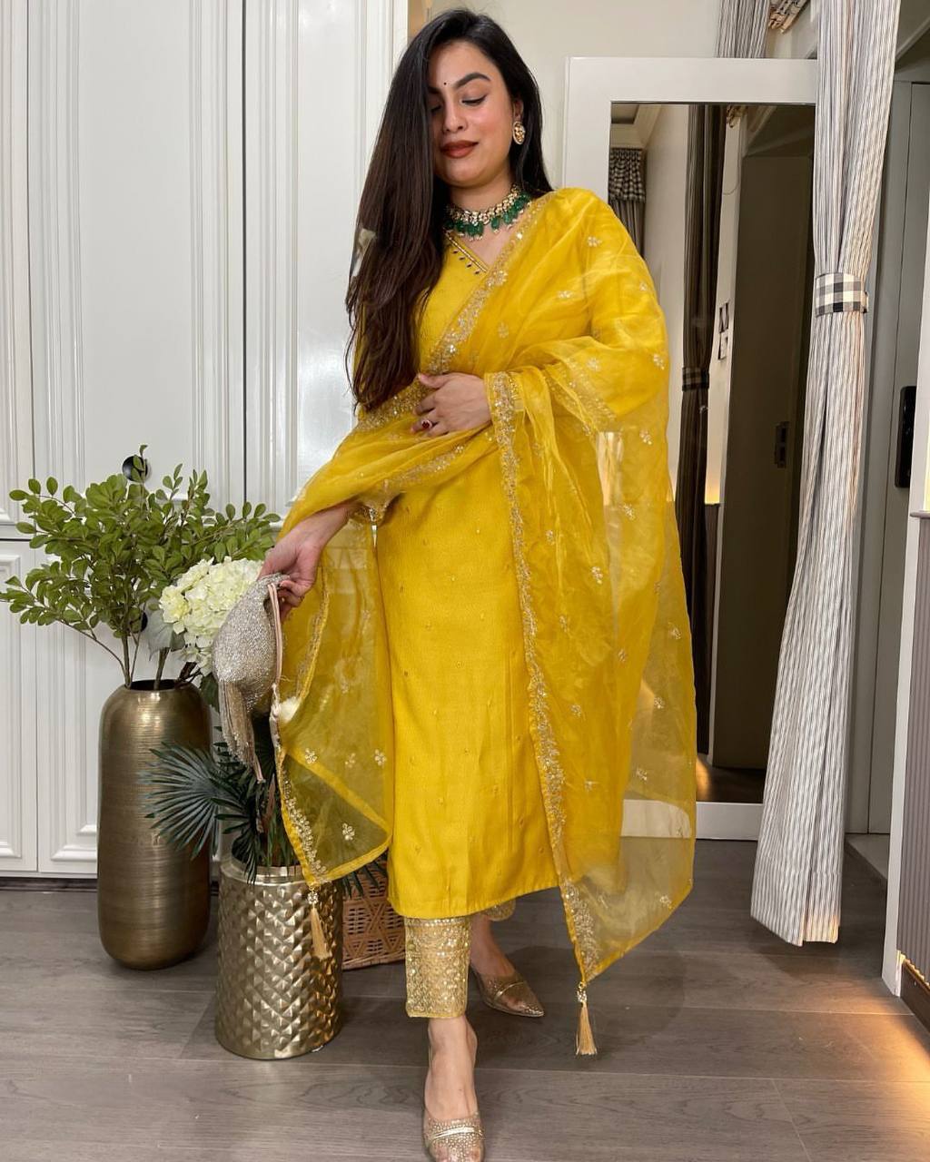 FOR THIS WEDDING SEASON SEQUENCE EMBROIDERED TOP AND PANT WITH ORGANZA DUPATTA