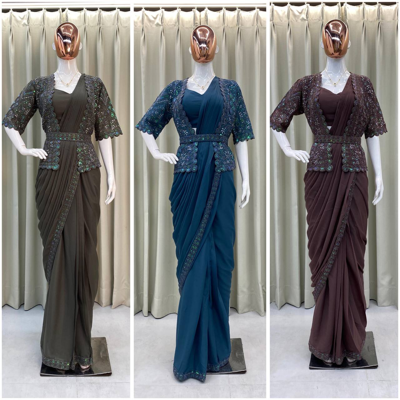 TRENDING NEW FANCY READY-TO-WEAR STAR GEORGETTE SEQUENCE WORK SAREE WITH KOTI & FULL-STITCHED BLOUSE