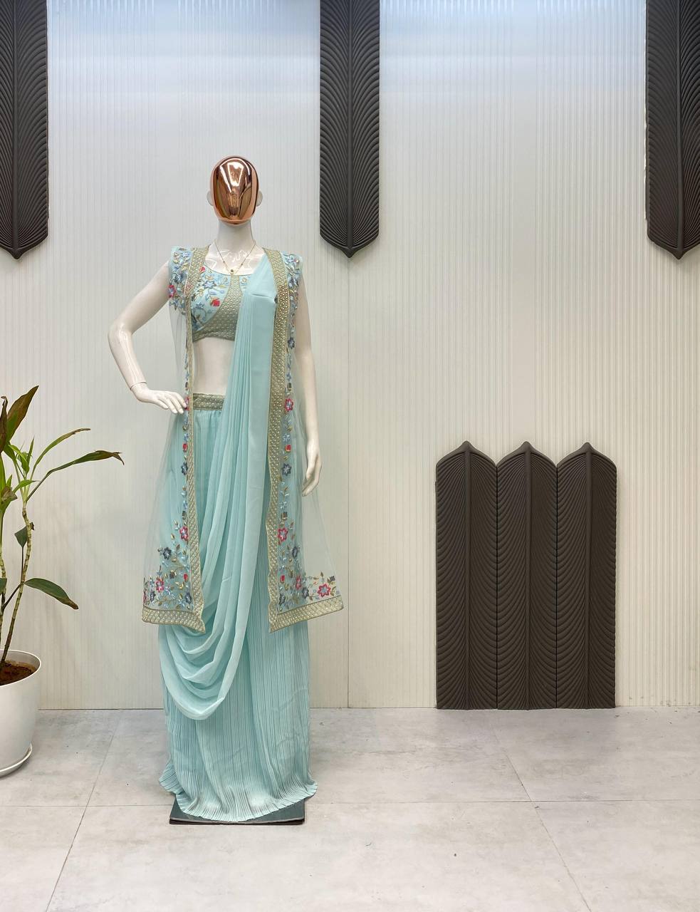 NEW THREE-PIECE WESTERN READY-TO-WEAR SAREE SET WITH ELEGANT KOTI