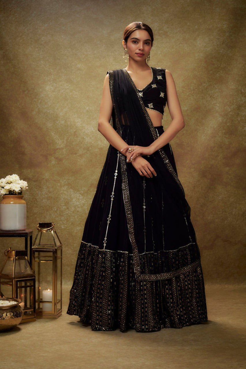 DESIGNER GEORGETTE LEHENGA CHOLI SET WITH SEQUINS, JARI & MIRROR EMBROIDERY WORK