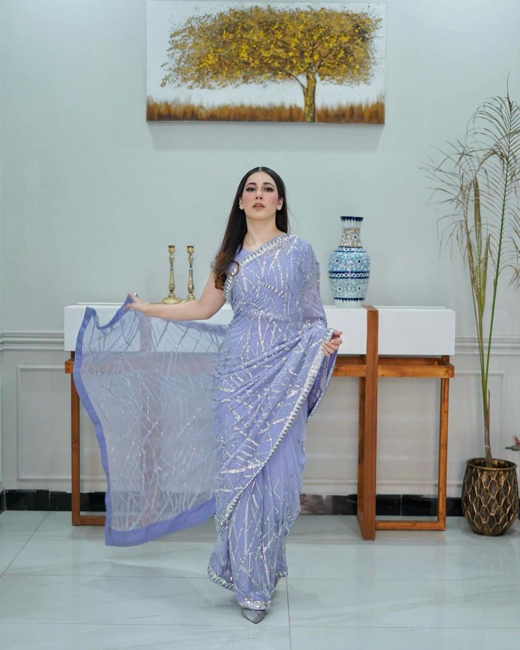 DESIGNER SEQUENCE EMBROIDERED LIGHT LAVENDER SAREE FOR FESTIVE & PARTY WEAR