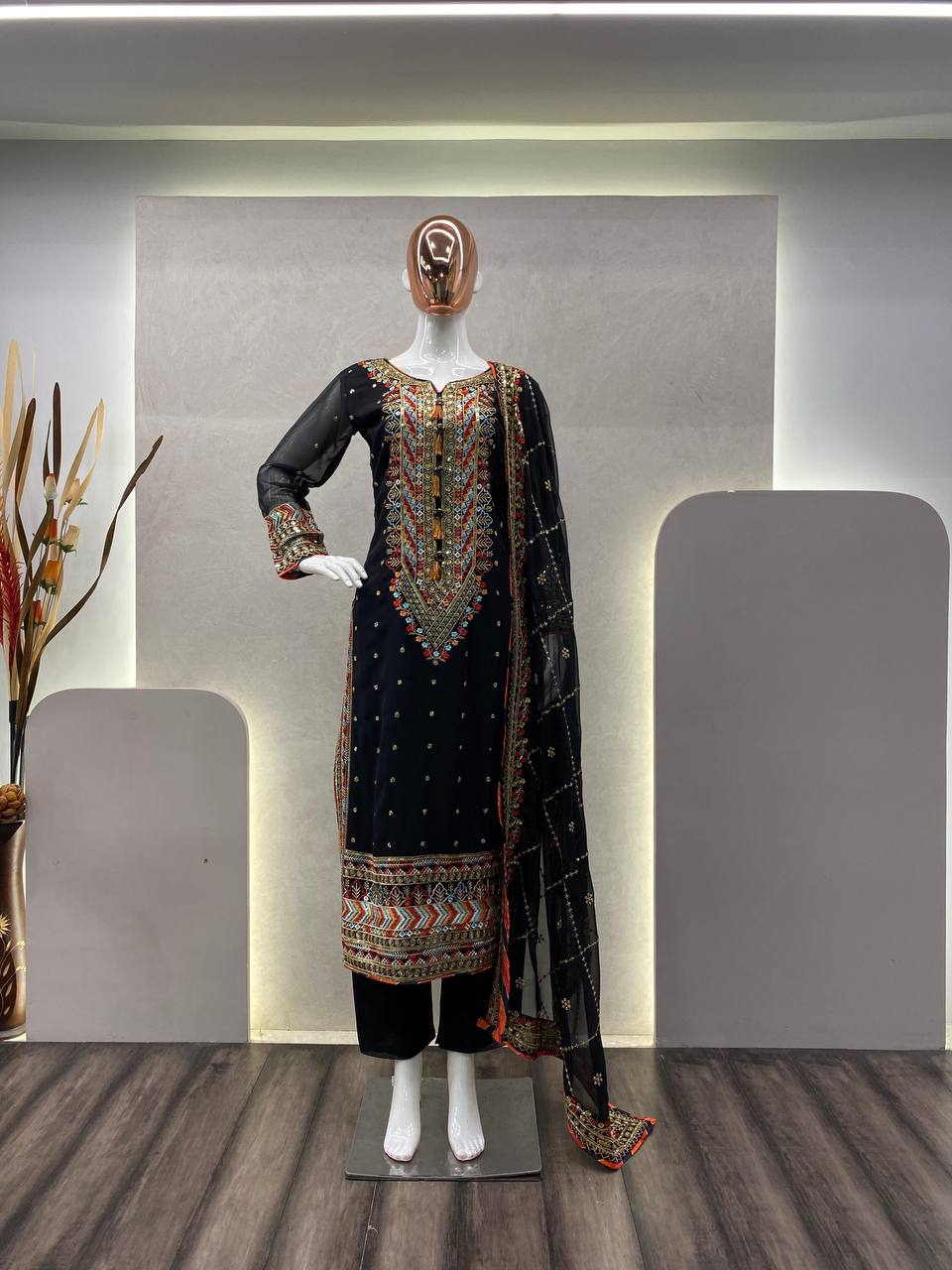 EID SPECIAL FAUX GEORGETTE SEQUIN EMBROIDERED SUIT WITH STITCHED PANTS & DUPATTA