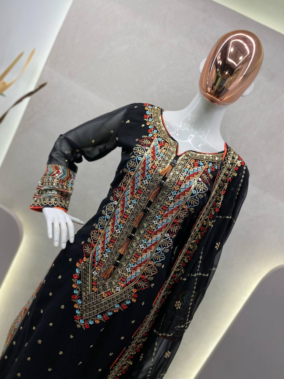 EID SPECIAL FAUX GEORGETTE SEQUIN EMBROIDERED SUIT WITH STITCHED PANTS & DUPATTA