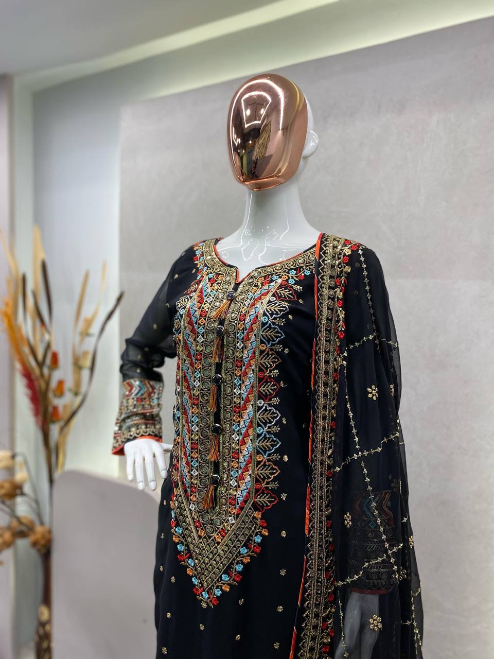 EID SPECIAL FAUX GEORGETTE SEQUIN EMBROIDERED SUIT WITH STITCHED PANTS & DUPATTA