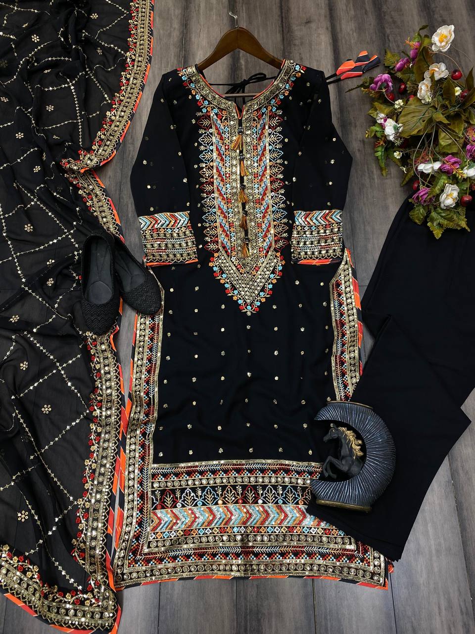 EID SPECIAL FAUX GEORGETTE SEQUIN EMBROIDERED SUIT WITH STITCHED PANTS & DUPATTA