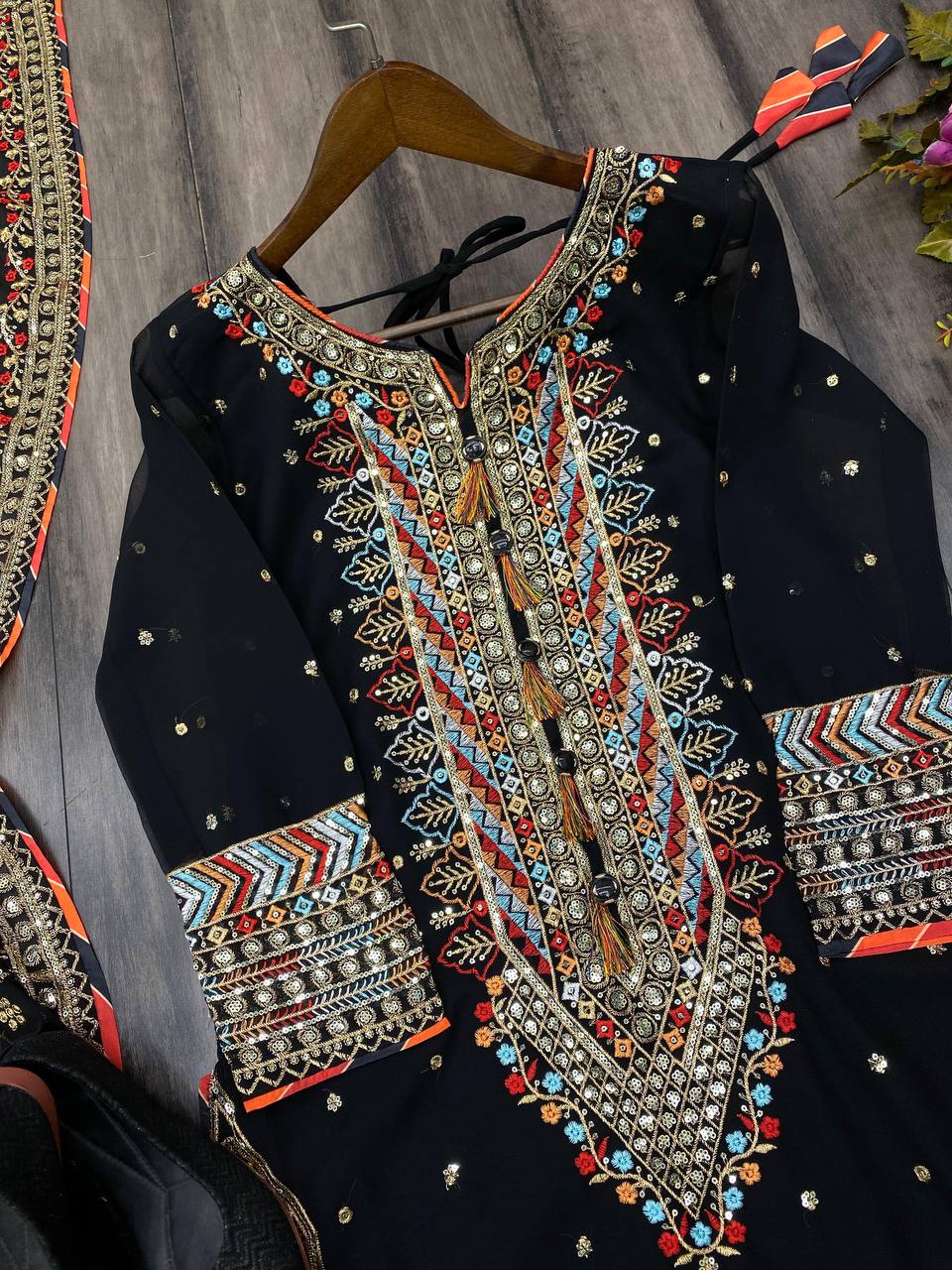 EID SPECIAL FAUX GEORGETTE SEQUIN EMBROIDERED SUIT WITH STITCHED PANTS & DUPATTA