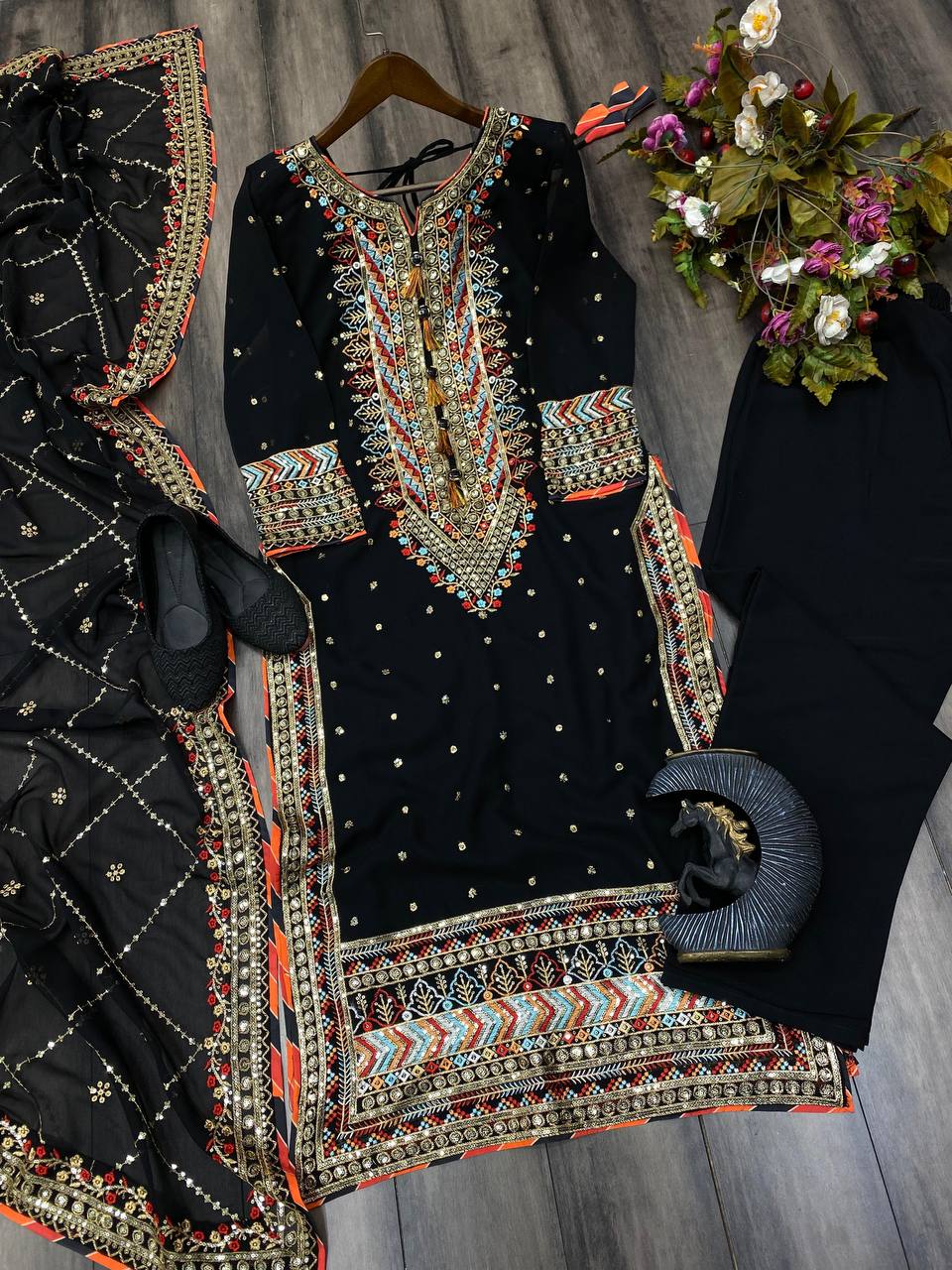 EID SPECIAL FAUX GEORGETTE SEQUIN EMBROIDERED SUIT WITH STITCHED PANTS & DUPATTA