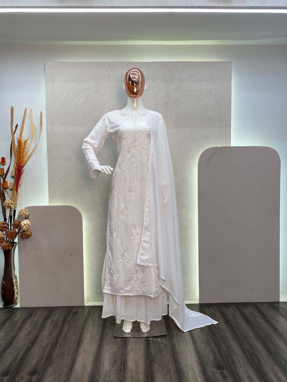 DESIGNER SUMMER WEAR β EMBROIDERED MASLIN TOP, SHARARA & DUPATTA
