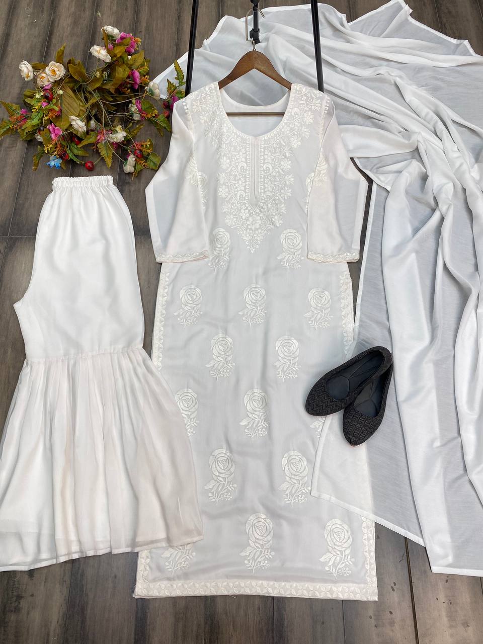 DESIGNER SUMMER WEAR β EMBROIDERED MASLIN TOP, SHARARA & DUPATTA