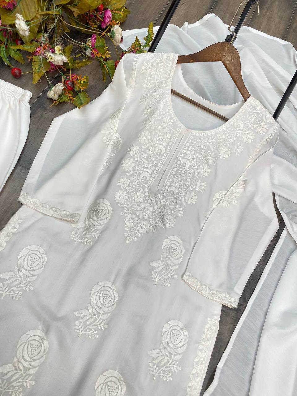 DESIGNER SUMMER WEAR β EMBROIDERED MASLIN TOP, SHARARA & DUPATTA