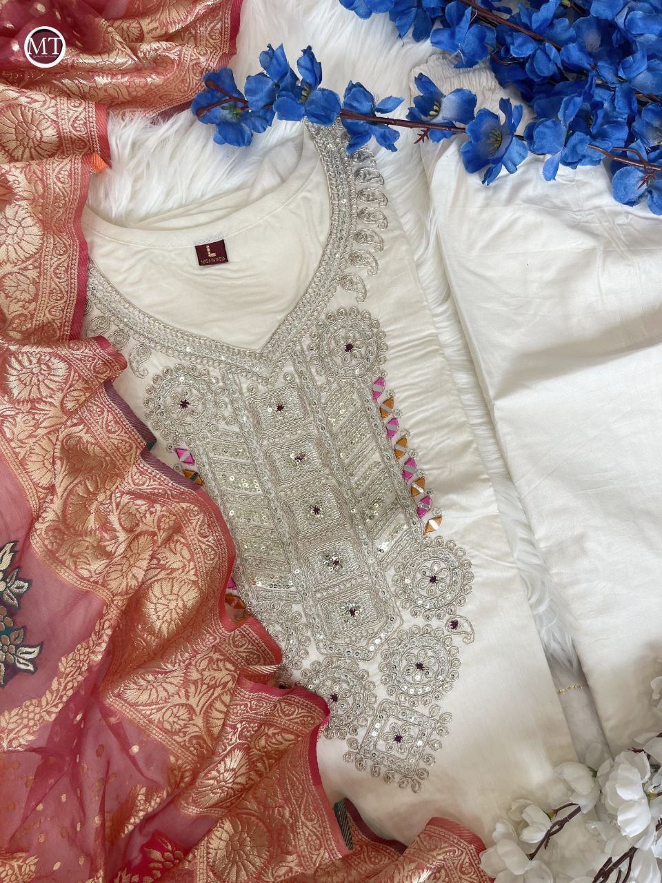 NEW HEAVY DESIGNER CHANDERI SILK SUIT SET