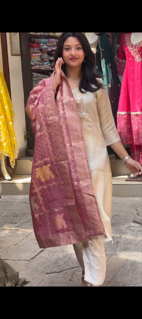NEW HEAVY DESIGNER CHANDERI SILK SUIT SET