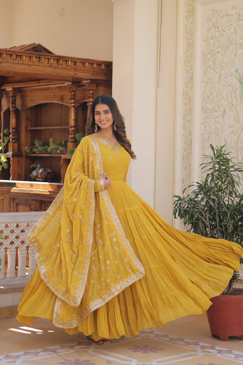 EXQUISITE FAUX GEORGETTE DESIGNER GOWN WITH SEQUINS EMBROIDERY – ELEGANCE REDEFINED