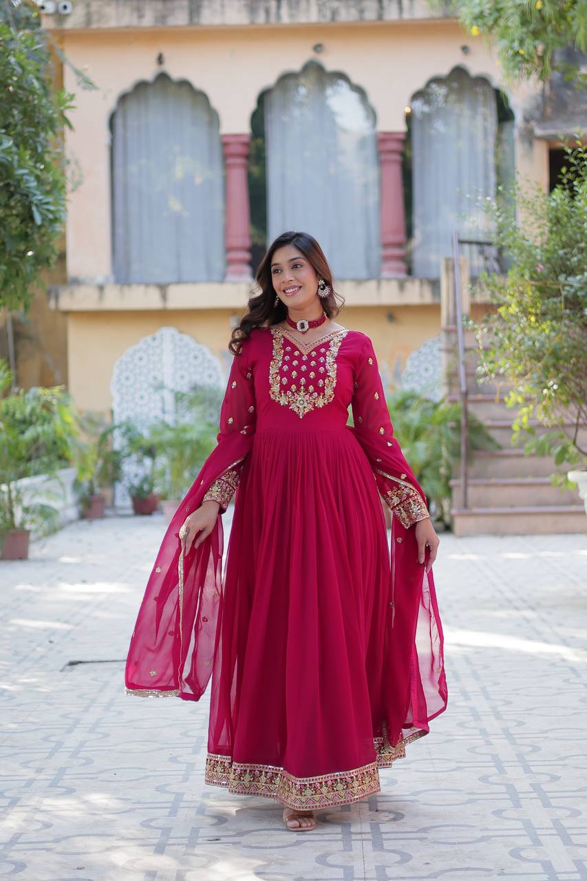 EXQUISITE FAUX BLOOMING GEORGETTE GOWN WITH DESIGNER DUPATTA